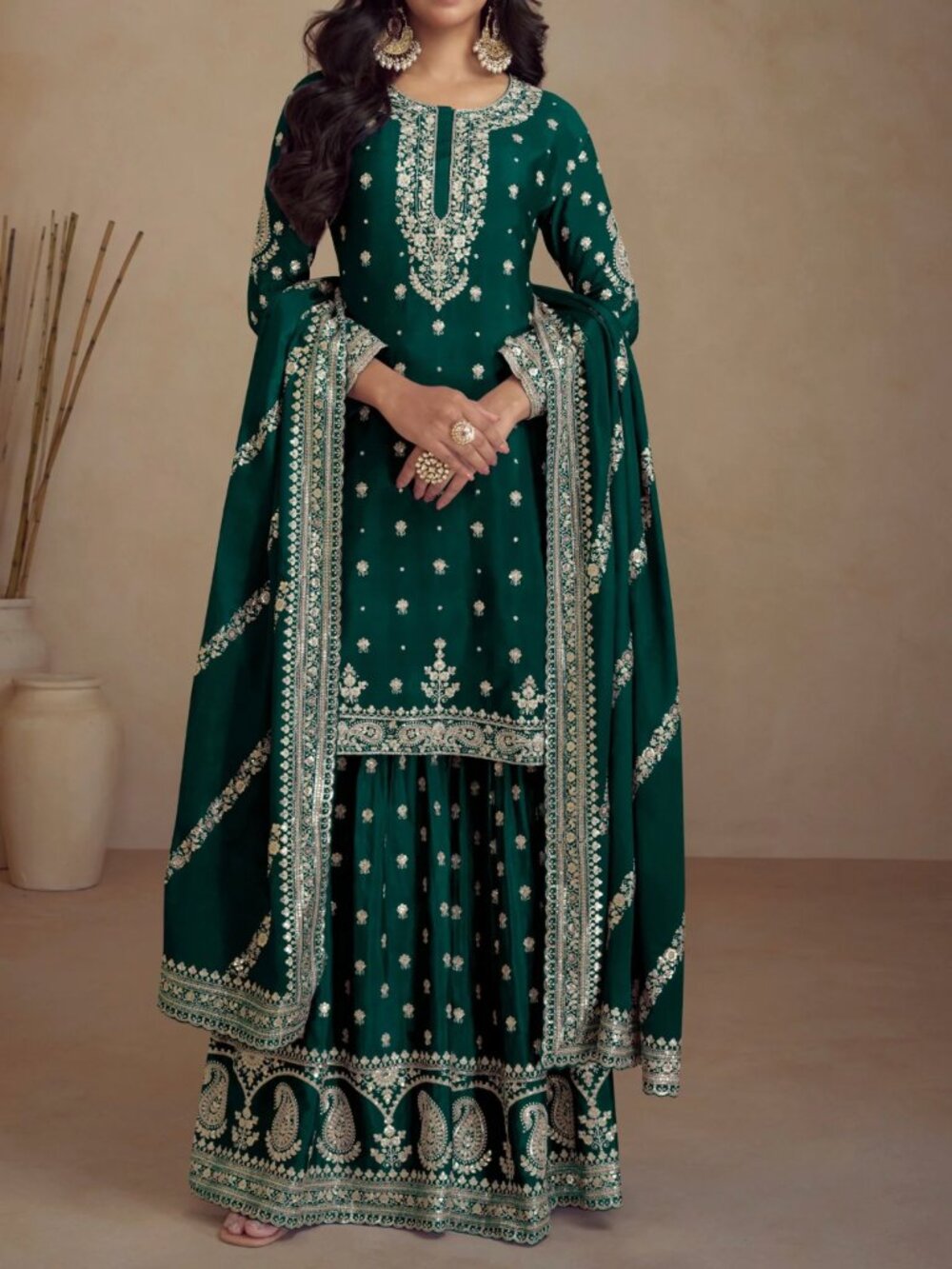 Embroidered Dark Green Chinon Silk Plazzo Suit